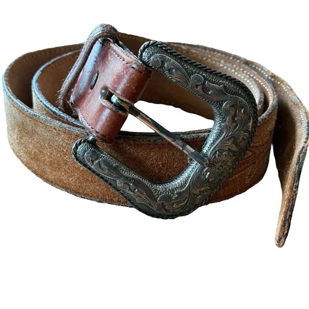Vintage Nocona Brown Leather Belt with Silver Tone Ornate Buckle